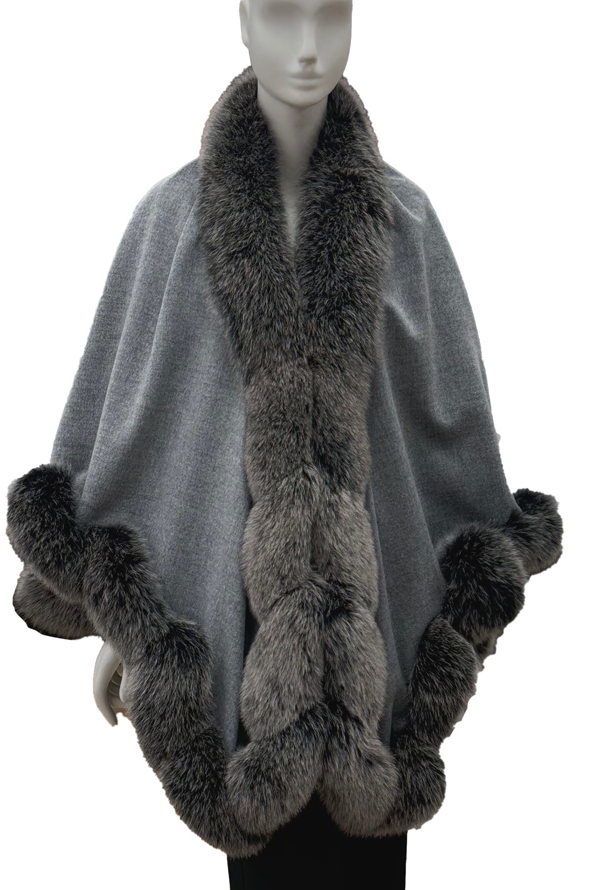 Dance America Grey alpaca and fox fur cape for ladies with graceful lines and soft fur