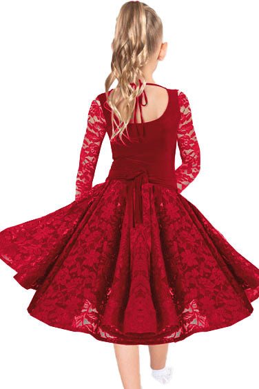 Dance America JR-S2 girls lace red ballroom skirt showcasing delicate lace detailing perfect for ballroom practice and showcases