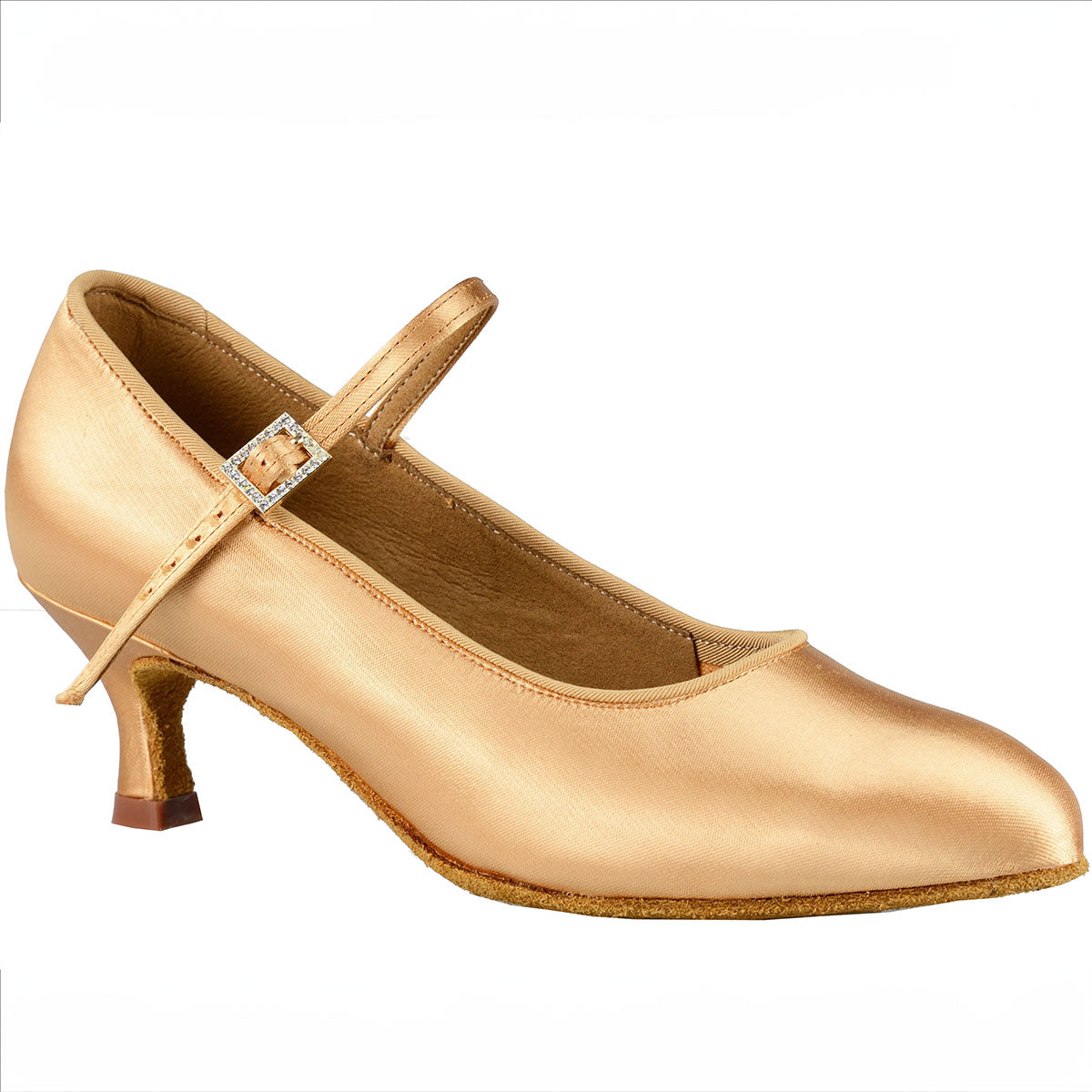 Brooklyn  The Brooklyn ballroom dance pumps offer a classic design with a wide and comfort fit. Available in 2 and 2.5" heel options, these light tan satin shoes are designed for both style and comfort. Perfect for any ballroom dancer looking to elevate their performance. pictured with 2" heel