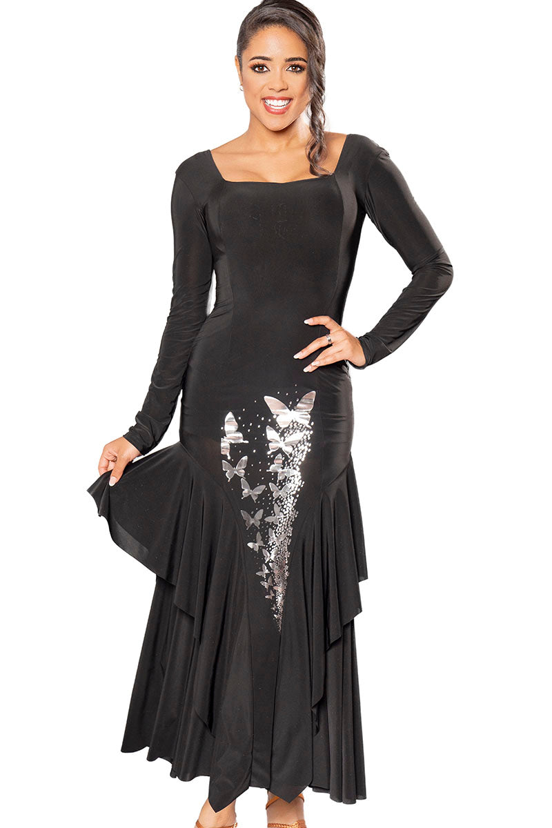 Exude grace and sophistication in our D203 Long Princess Dress, adorned with elegant, gold butterfly accents. The long sleeves add a touch of refinement to this already exquisite design. Perfect for any formal occasion! black