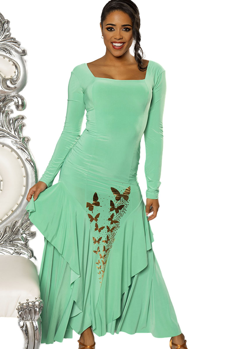 Exude grace and sophistication in our D203 Long Princess Dress, adorned with elegant, gold butterfly accents. The long sleeves add a touch of refinement to this already exquisite design. Perfect for any formal occasion! green