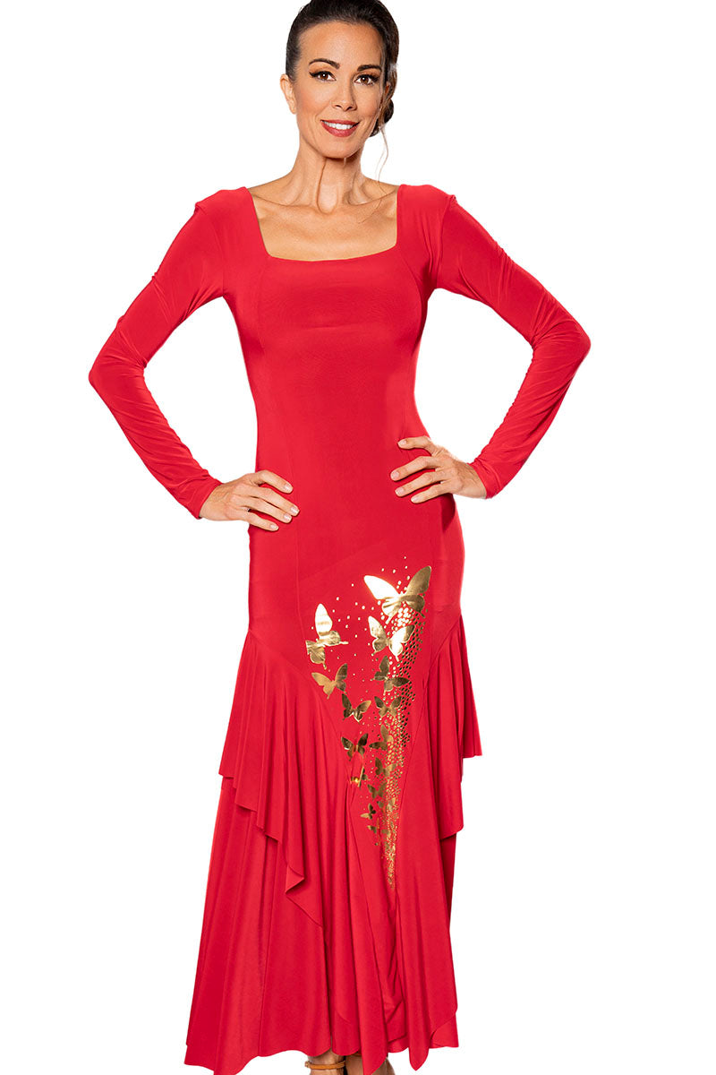 Exude grace and sophistication in our D203 Long Princess Dress, adorned with elegant, gold butterfly accents. The long sleeves add a touch of refinement to this already exquisite design. Perfect for any formal occasion! red