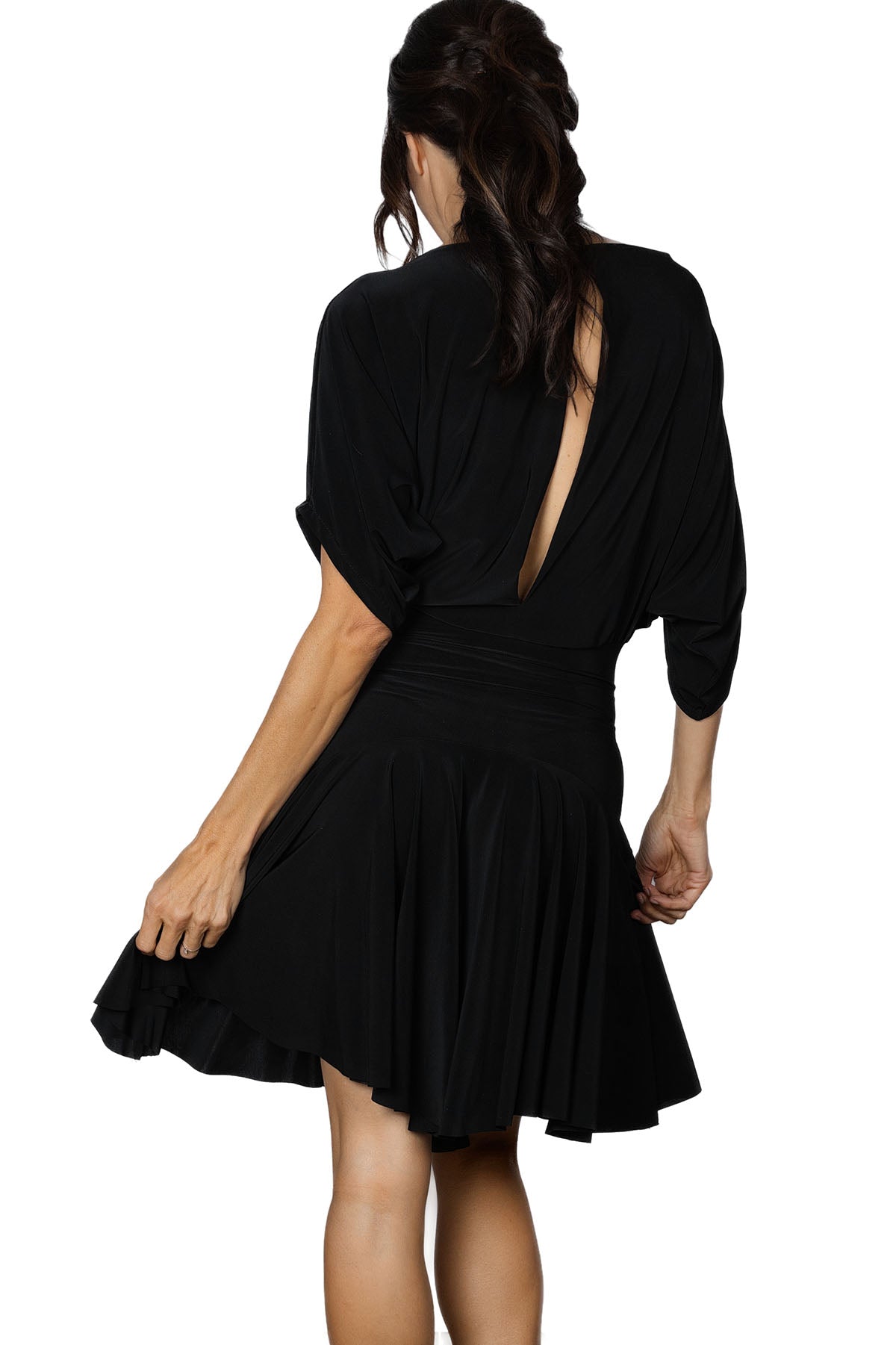 D2401 Simple Short Dress is perfect for dancing with its wide, moving skirt and sexy back slit. The top offers a touch of edge to this otherwise elegant ensemble. Get ready to turn heads on the dance floor with this versatile and stylish dress. Pictured in Black