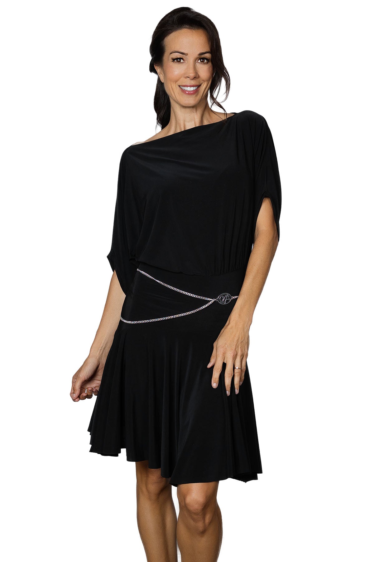 D2401 Simple Short Dress is perfect for dancing with its wide, moving skirt and sexy back slit. The top offers a touch of edge to this otherwise elegant ensemble. Get ready to turn heads on the dance floor with this versatile and stylish dress. Pictured in Black