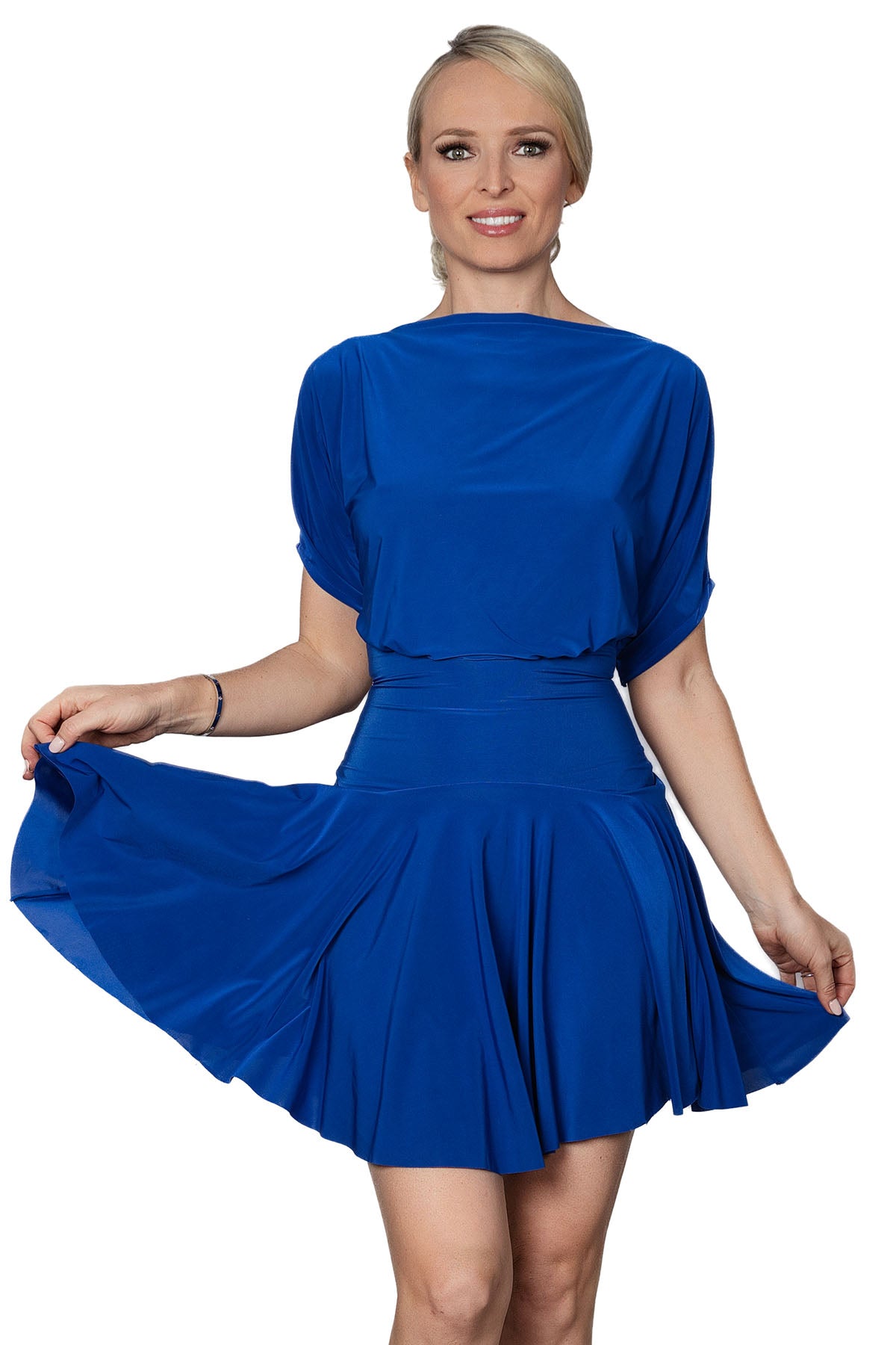 D2401 Simple Short Dress is perfect for dancing with its wide, moving skirt and sexy back slit. The top offers a touch of edge to this otherwise elegant ensemble. Get ready to turn heads on the dance floor with this versatile and stylish dress. Pictured in Blue