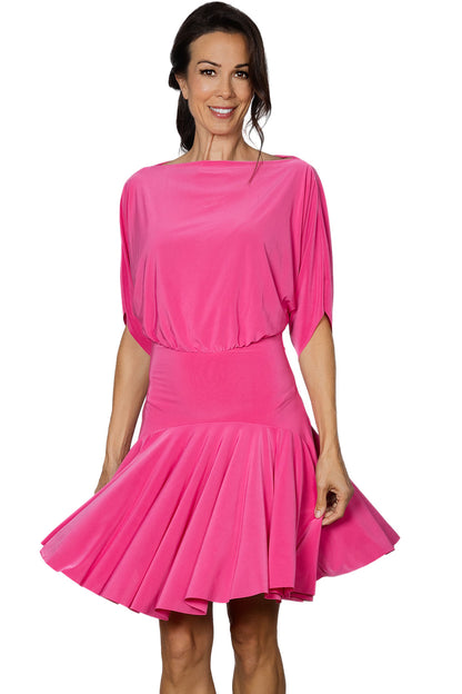 D2401 Simple Short Dress is perfect for dancing with its wide, moving skirt and sexy back slit. The top offers a touch of edge to this otherwise elegant ensemble. Get ready to turn heads on the dance floor with this versatile and stylish dress. Pictured in Pink