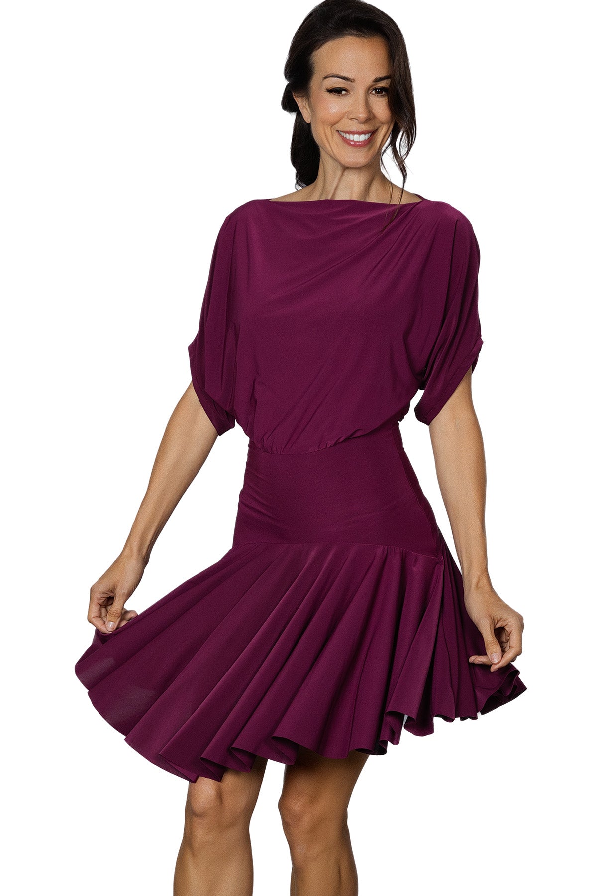 D2401 Simple Short Dress is perfect for dancing with its wide, moving skirt and sexy back slit. The top offers a touch of edge to this otherwise elegant ensemble. Get ready to turn heads on the dance floor with this versatile and stylish dress. Pictured  in wine