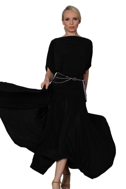 Expertly crafted for the ballroom, the D2402 Simple Long Dress offers a loose top design and a stylish slit in the back for maximum comfort and mobility. Perfect for dancers looking for a simple yet elegant look. Pictured in Black