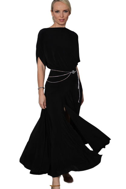 Expertly crafted for the ballroom, the D2402 Simple Long Dress offers a loose top design and a stylish slit in the back for maximum comfort and mobility. Perfect for dancers looking for a simple yet elegant look. Pictured in Black