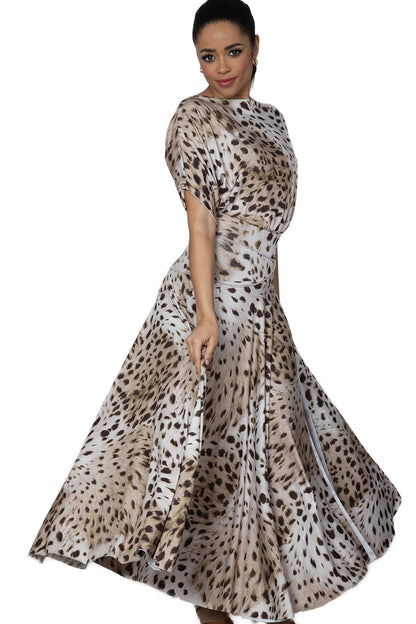 Expertly crafted for the ballroom, the D2402 Simple Long Dress offers a loose top design and a stylish slit in the back for maximum comfort and mobility. Perfect for dancers looking for a simple yet elegant look.Pictured in Leopard