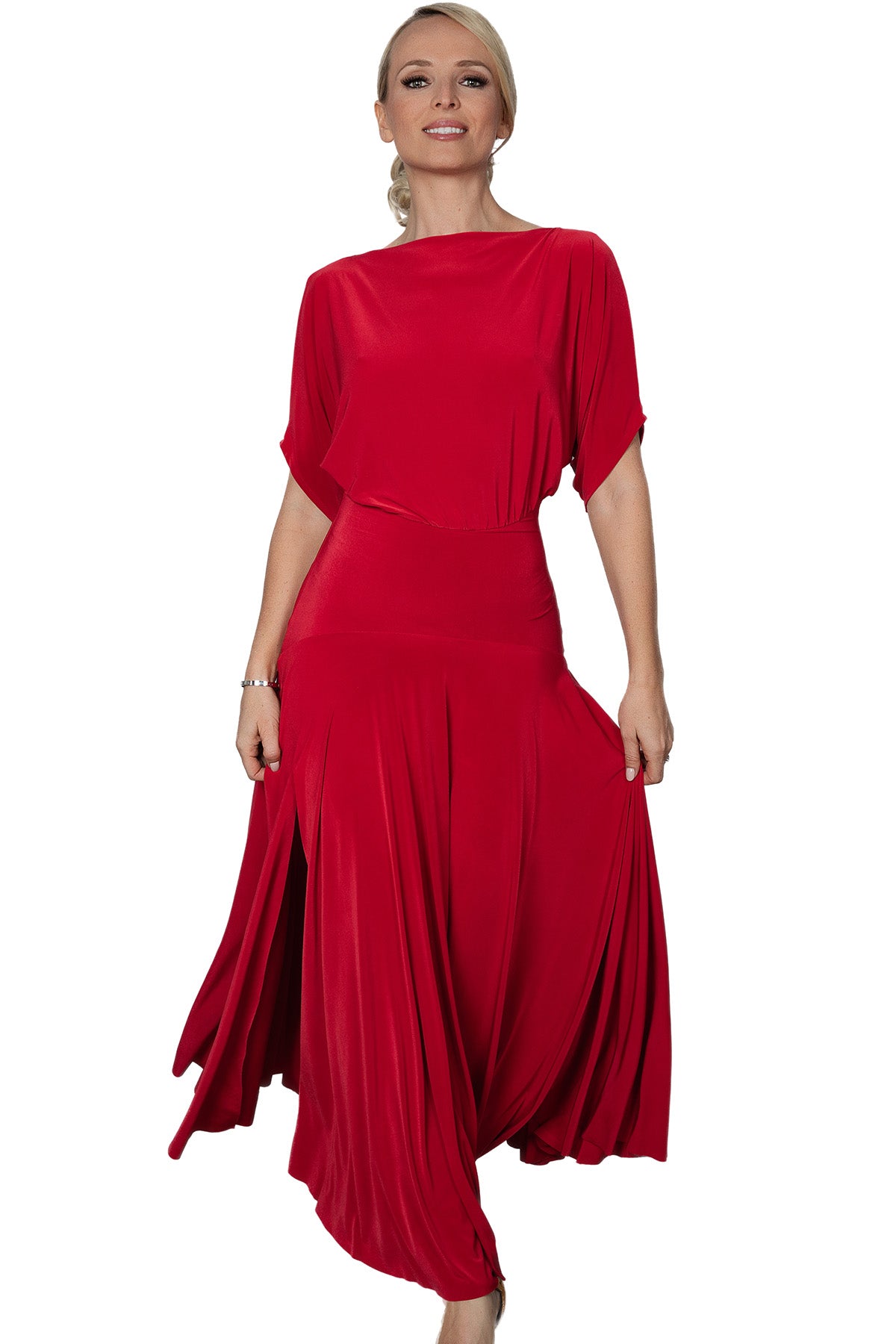 Expertly crafted for the ballroom, the D2402 Simple Long Dress offers a loose top design and a stylish slit in the back for maximum comfort and mobility. Perfect for dancers looking for a simple yet elegant look. Pictured in Red