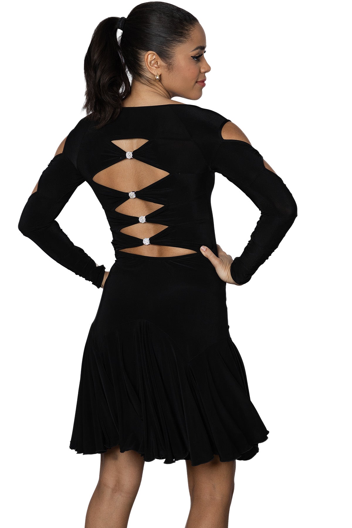 This D2403 Short Lattice Dress is perfect for ballroom Latin dance with its elegant lattice decoration on the back and sleeves, embellished with Rhinestone trims. Showcase your moves with style and grace. Black