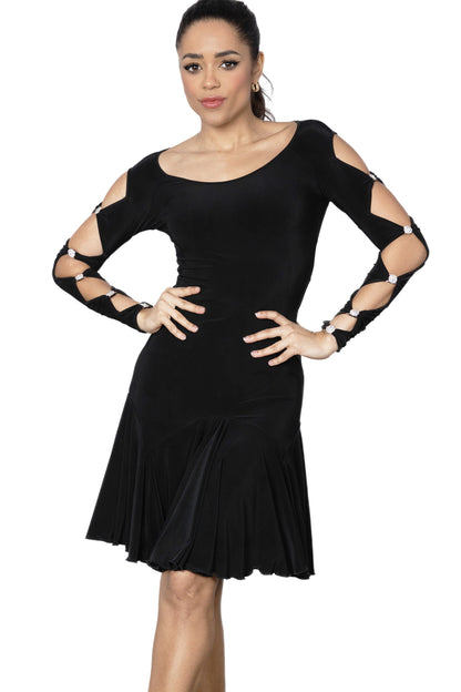 This D2403 Short Lattice Dress is perfect for ballroom Latin dance with its elegant lattice decoration on the back and sleeves, embellished with Rhinestone trims. Showcase your moves with style and grace. black