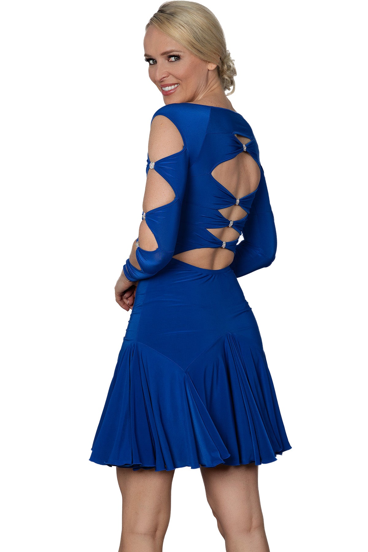 This D2403 Short Lattice Dress is perfect for ballroom Latin dance with its elegant lattice decoration on the back and sleeves, embellished with Rhinestone trims. Showcase your moves with style and grace. blue