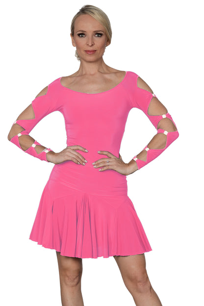 This D2403 Short Lattice Dress is perfect for ballroom Latin dance with its elegant lattice decoration on the back and sleeves, embellished with Rhinestone trims. Showcase your moves with style and grace.pink