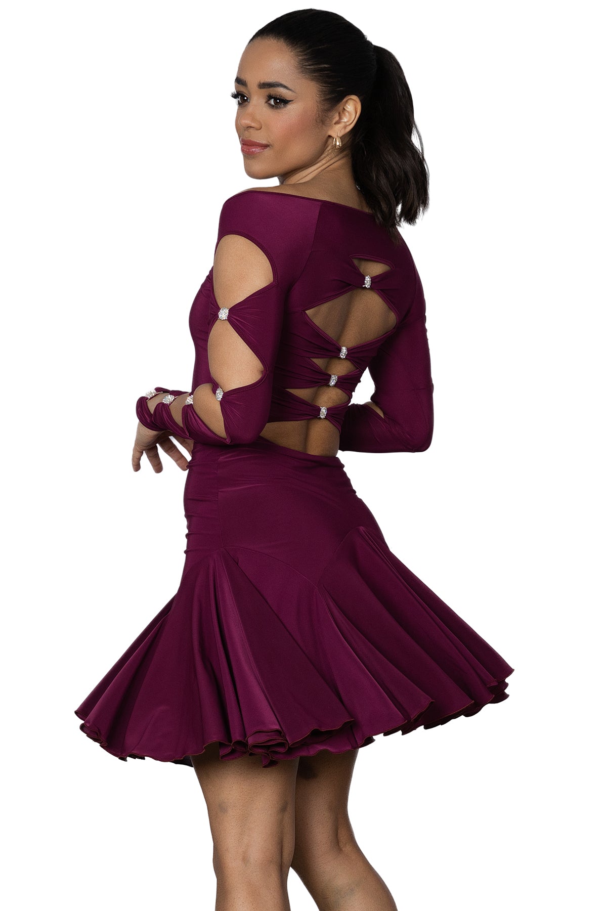 This D2403 Short Lattice Dress is perfect for ballroom Latin dance with its elegant lattice decoration on the back and sleeves, embellished with Rhinestone trims. Showcase your moves with style and grace.wine