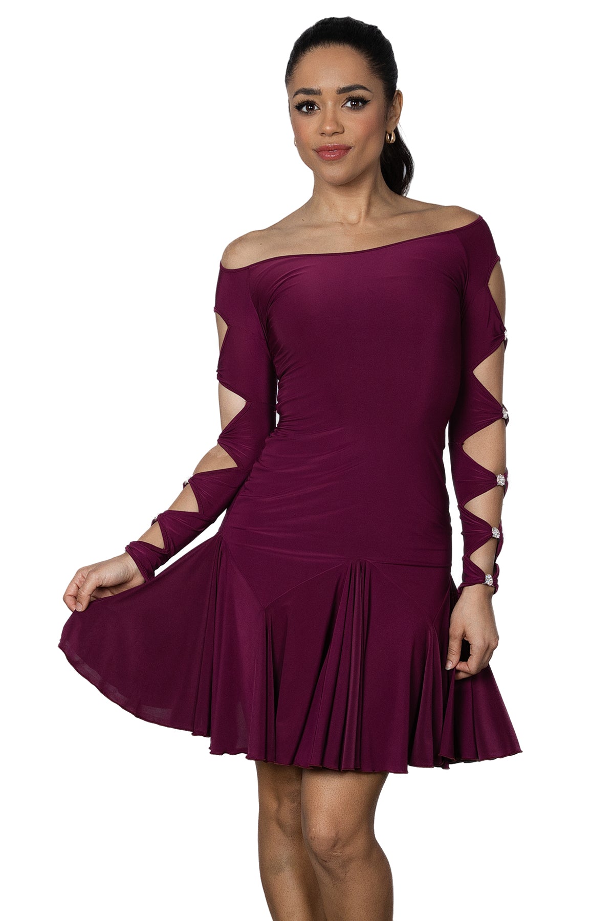 This D2403 Short Lattice Dress is perfect for ballroom Latin dance with its elegant lattice decoration on the back and sleeves, embellished with Rhinestone trims. Showcase your moves with style and grace.pictured in wine