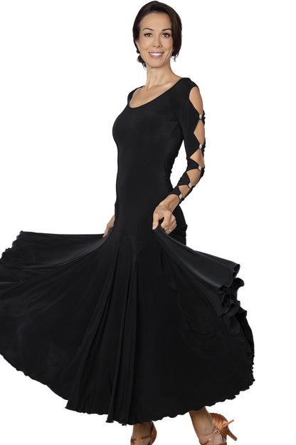 Long Lattice Dress is perfect for ballroom Latin dance with its elegant lattice decoration on the back and sleeves, embellished with Rhinestone trims. Showcase your moves with style and grace.black