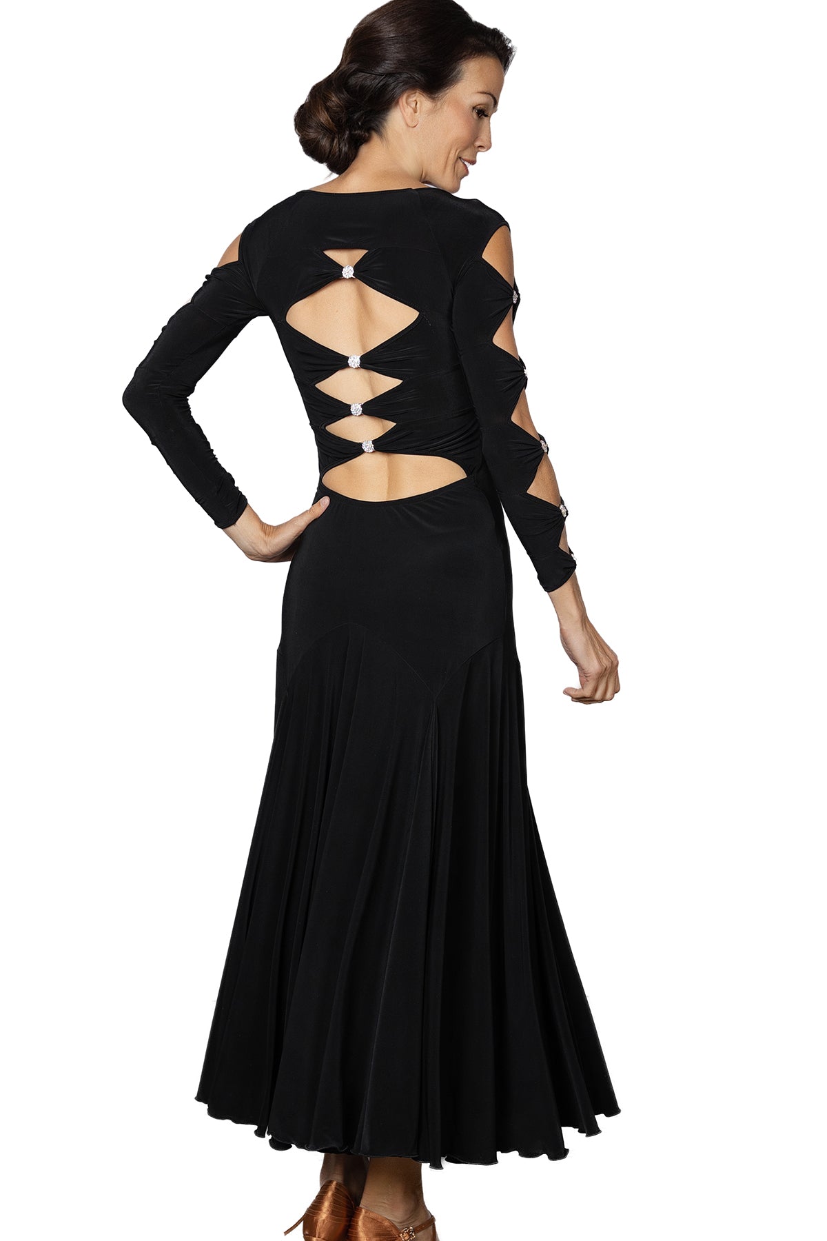 Long Lattice Dress is perfect for ballroom Latin dance with its elegant lattice decoration on the back and sleeves, embellished with Rhinestone trims. Showcase your moves with style and grace.black