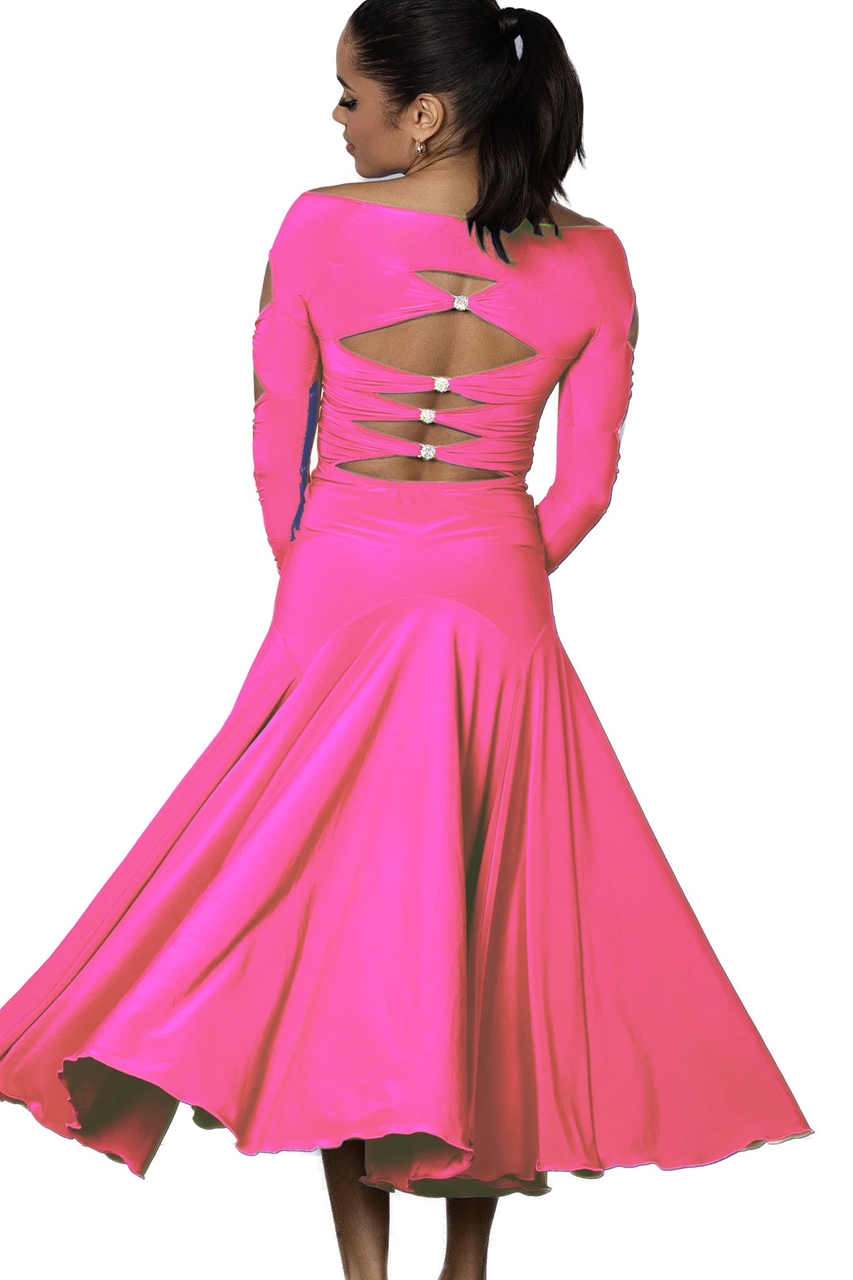 Long Lattice Dress is perfect for ballroom Latin dance with its elegant lattice decoration on the back and sleeves, embellished with Rhinestone trims. Showcase your moves with style and grace.pink