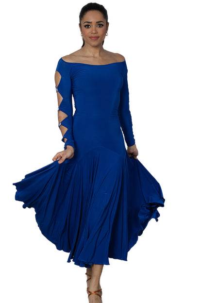 Long Lattice Dress is perfect for ballroom Latin dance with its elegant lattice decoration on the back and sleeves, embellished with Rhinestone trims. Showcase your moves with style and grace.blue