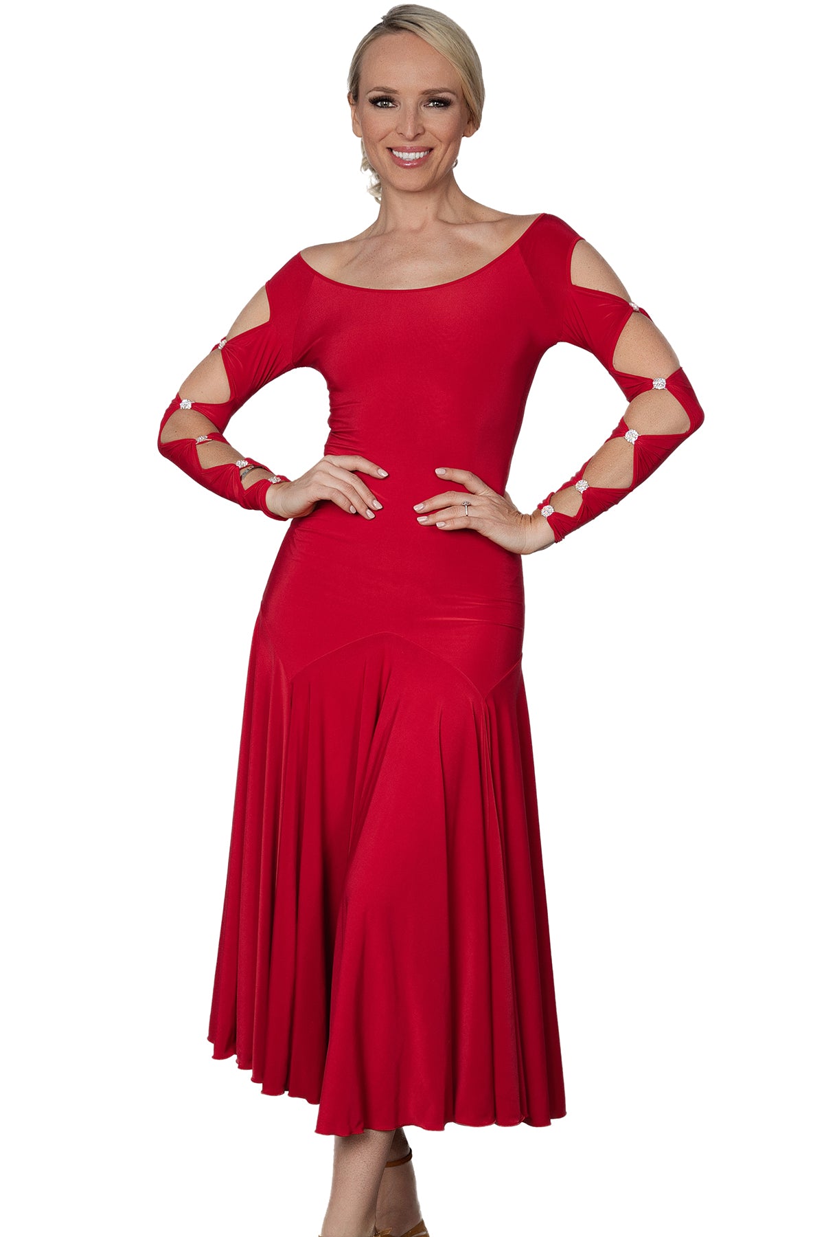 Long Lattice Dress is perfect for ballroom Latin dance with its elegant lattice decoration on the back and sleeves, embellished with Rhinestone trims. Showcase your moves with style and grace.red