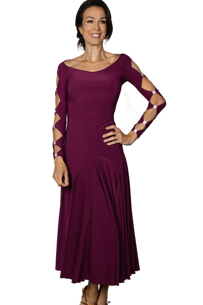 Long Lattice Dress is perfect for ballroom Latin dance with its elegant lattice decoration on the back and sleeves, embellished with Rhinestone trims. Showcase your moves with style and grace.wine