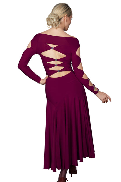 Long Lattice Dress is perfect for ballroom Latin dance with its elegant lattice decoration on the back and sleeves, embellished with Rhinestone trims. Showcase your moves with style and grace.wine