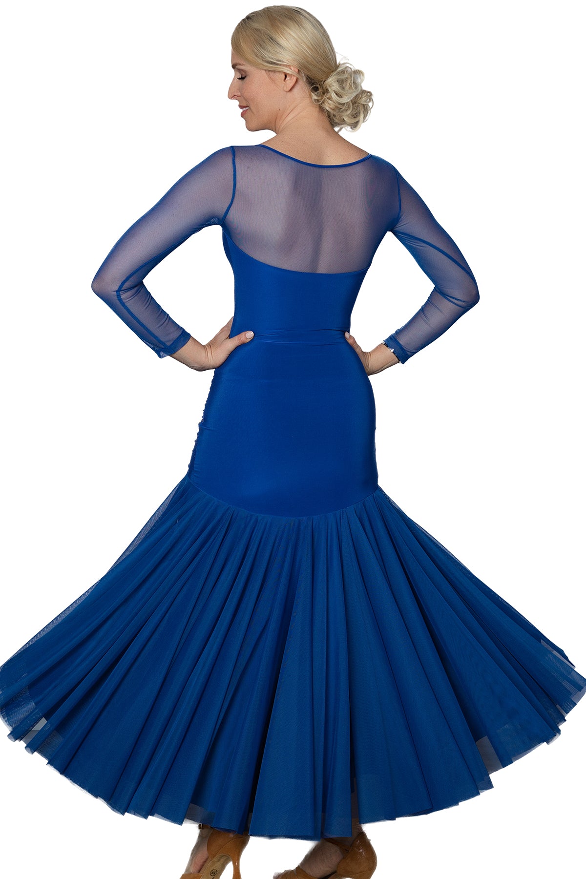 D206 Long Ruched Sweetheart Dress.  Made of 4 full circles of powermesh fabric, this dress not only flows beautifully on the dance floor but also accentuates your every turn. The ruched sweetheart neckline adds a touch of elegance, making you stand out from the crowd. blue