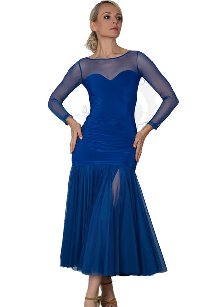 D206 Long Ruched Sweetheart Dress.  Made of 4 full circles of powermesh fabric, this dress not only flows beautifully on the dance floor but also accentuates your every turn. The ruched sweetheart neckline adds a touch of elegance, making you stand out from the crowd. blue