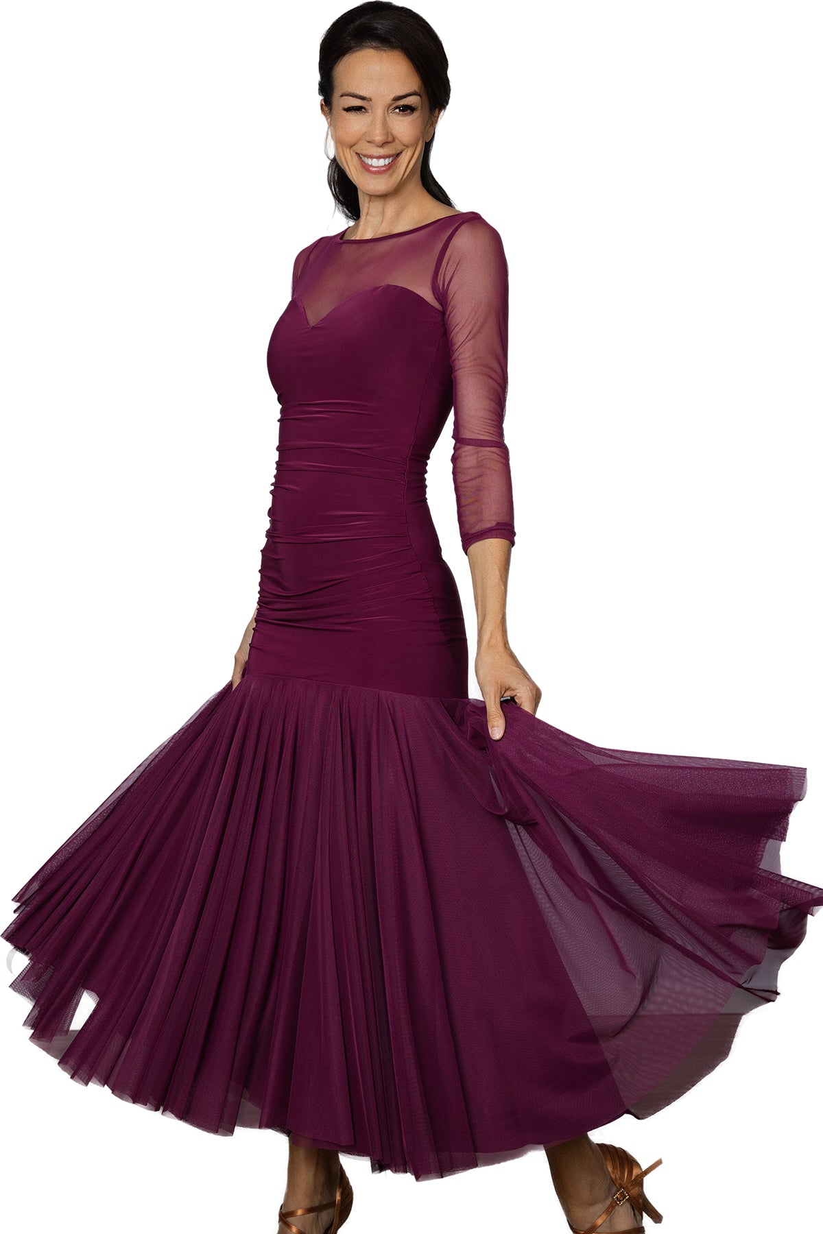 D206 Long Ruched Sweetheart Dress.  Made of 4 full circles of powermesh fabric, this dress not only flows beautifully on the dance floor but also accentuates your every turn. The ruched sweetheart neckline adds a touch of elegance, making you stand out from the crowd. wine