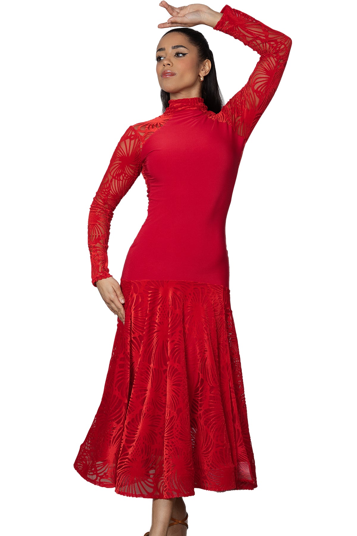 Indulge in luxury with our D2411 Long Velvet Burnout Gown. A full circle velvet burnout skirt with a subtle shine and crinoline provides a stunning silhouette. The back features burnout velvet for a hidden, yet sexy, touch. Experience the ultimate elegance with this dress. red