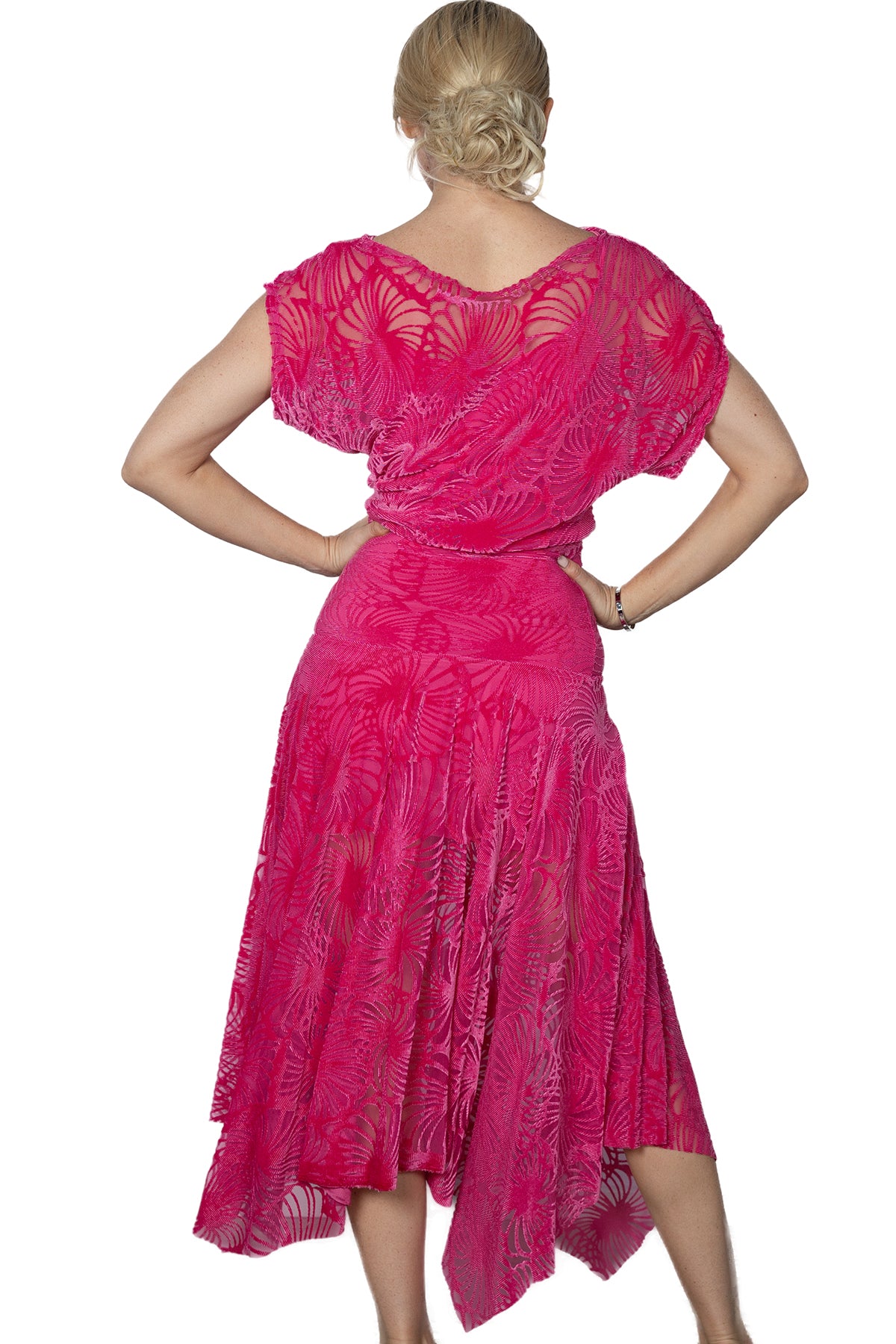 D2412 Long Blouson Burnout Velvet Dress  Indulge in sophistication with our D2412 Long Blouson Burnout Velvet Dress. This luxurious piece features a loose blouson top and a square cut velvet burnout skirt, creating a stunning silhouette. Elevate your style with this elegant and exclusive dress. pink