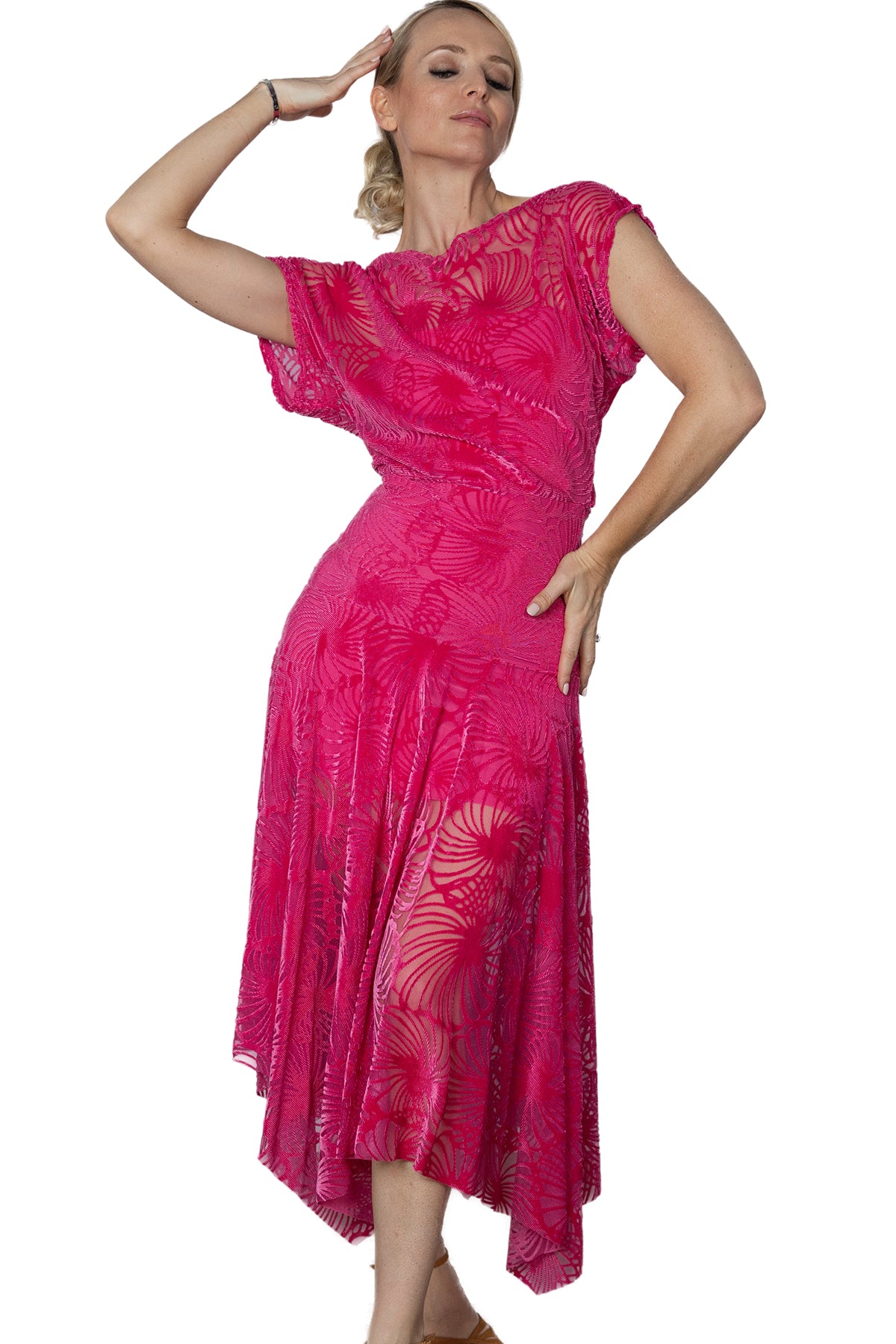 D2412 Long Blouson Burnout Velvet Dress  Indulge in sophistication with our D2412 Long Blouson Burnout Velvet Dress. This luxurious piece features a loose blouson top and a square cut velvet burnout skirt, creating a stunning silhouette. Elevate your style with this elegant and exclusive dress. pink