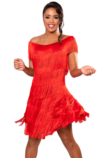 D2422 Full Fringe Dress  Indulge in luxury with our D2422 Full Fringe Dress. The top and full skirt is adorned with our exclusive 6 inch stretchable Fringe, creating a mesmerizing visual and a dress that moves effortlessly. Elevate your style with this unique and elegant piece. red