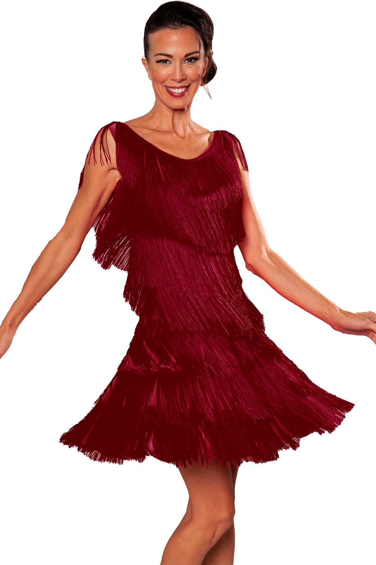 D2422 Full Fringe Dress  Indulge in luxury with our D2422 Full Fringe Dress. The top and full skirt is adorned with our exclusive 6 inch stretchable Fringe, creating a mesmerizing visual and a dress that moves effortlessly. Elevate your style with this unique and elegant piece. wine