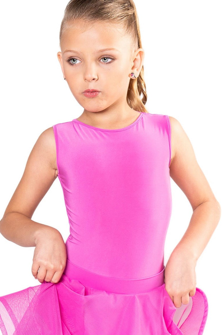 This regulation girls' bodysuit features a sleeveless design and interchangeable skirts, making it versatile and practical for dancers. Made with 95% Poly and 5% Spandex, it resists wrinkles and is perfect for travel. Designed by dancers for dancers, it can easily transition from practice to competition. In stock and ready to ship, with a production time of 7-10 business days for out-of-stock items. pictured in pink