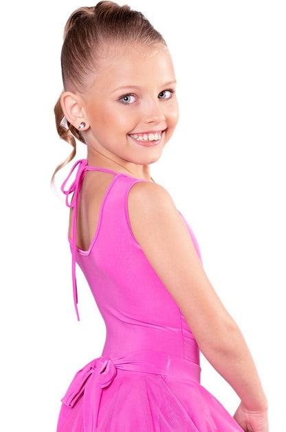 This regulation girls' bodysuit features a sleeveless design and interchangeable skirts, making it versatile and practical for dancers. Made with 95% Poly and 5% Spandex, it resists wrinkles and is perfect for travel. Designed by dancers for dancers, it can easily transition from practice to competition. In stock and ready to ship, with a production time of 7-10 business days for out-of-stock items. pictured in pink