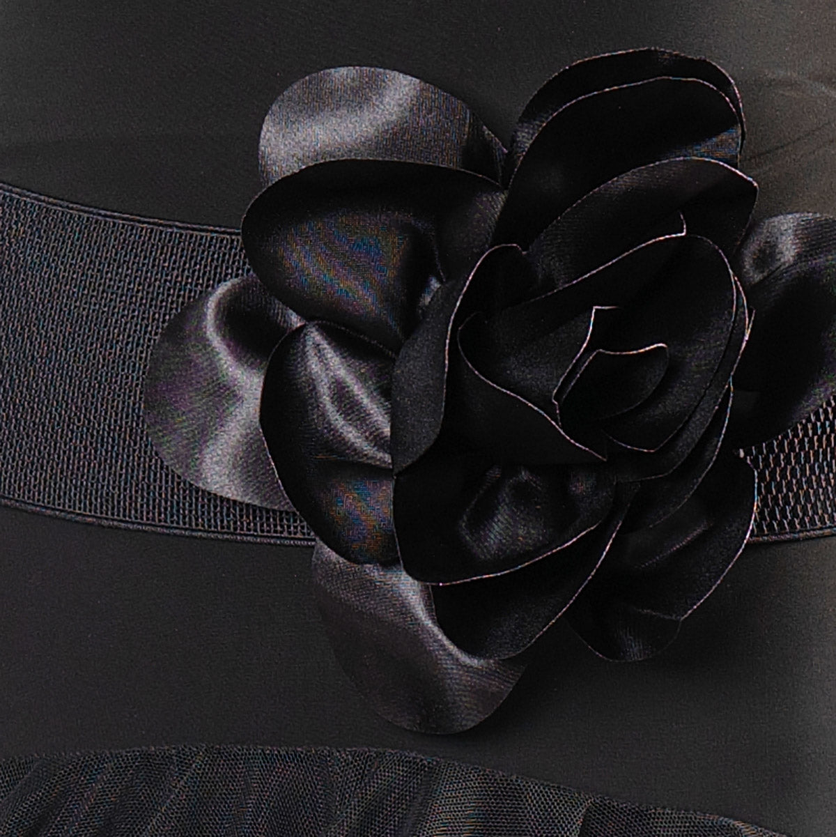 Enhance your Dance America Attire look with the B001 - SILK FLOWER ELASTIC BELT. The matching elastic belt features a large silk flower, adding a touch of elegance to your outfit. Perfect for any performance or event, this belt will elevate your style. pictured in black