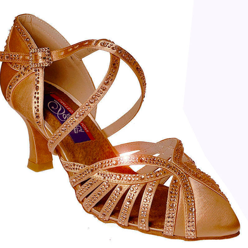 Indulge in elegance with the Hollywood Tan Satin with Rhinestones. Experience maximum comfort with the slightly rounder front and flexible straps. The 2.25" flare heel adds a touch of luxury to any occasion. Walk with confidence and grace in these smooth, sophisticated shoes.