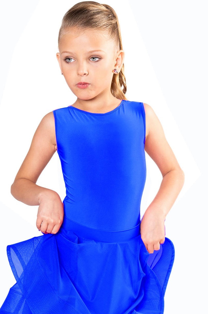 This regulation girls' bodysuit features a sleeveless design and interchangeable skirts, making it versatile and practical for dancers. Made with 95% Poly and 5% Spandex, it resists wrinkles and is perfect for travel. Designed by dancers for dancers, it can easily transition from practice to competition. In stock and ready to ship, with a production time of 7-10 business days for out-of-stock items.blue