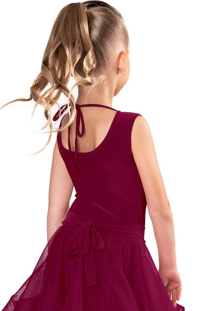 This regulation girls' bodysuit features a sleeveless design and interchangeable skirts, making it versatile and practical for dancers. Made with 95% Poly and 5% Spandex, it resists wrinkles and is perfect for travel. Designed by dancers for dancers, it can easily transition from practice to competition. In stock and ready to ship, with a production time of 7-10 business days for out-of-stock items.wine