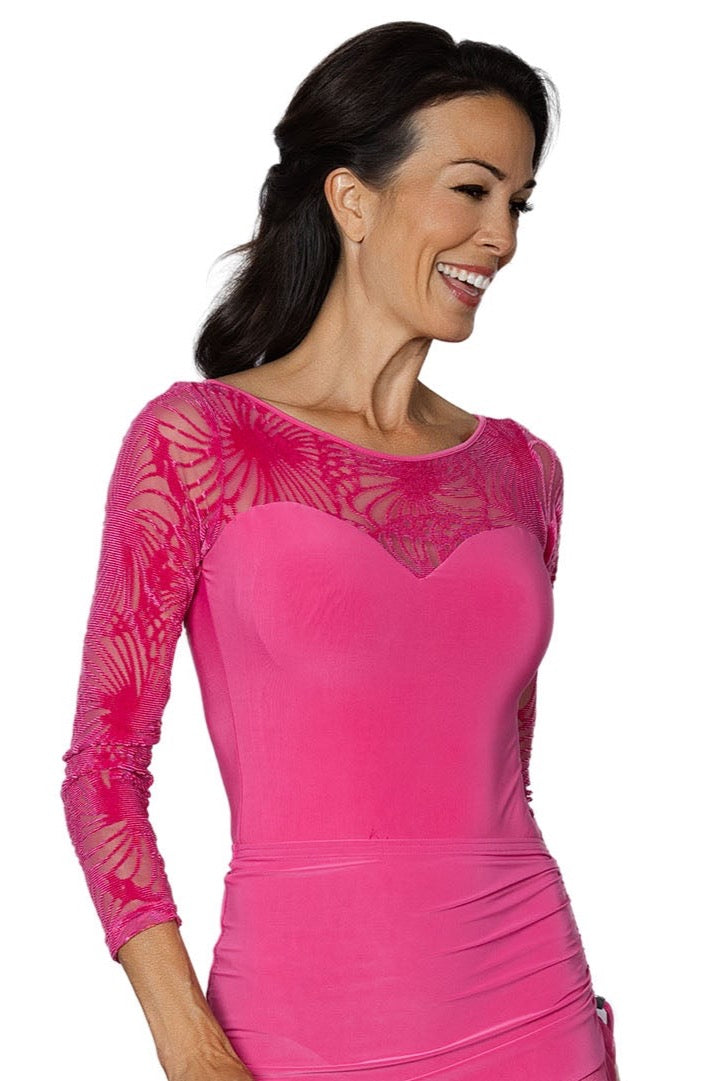 L2410 Velvet Sweetheart Leotard  Elevate your ballroom performance with our L2410 Velvet Sweetheart Leotard. The burnout velvet fabric adds a touch of luxury to this functional sweetheart bodysuit, perfect for perfecting your dance moves. Available in a variety of sizes for a flawless fit. pink