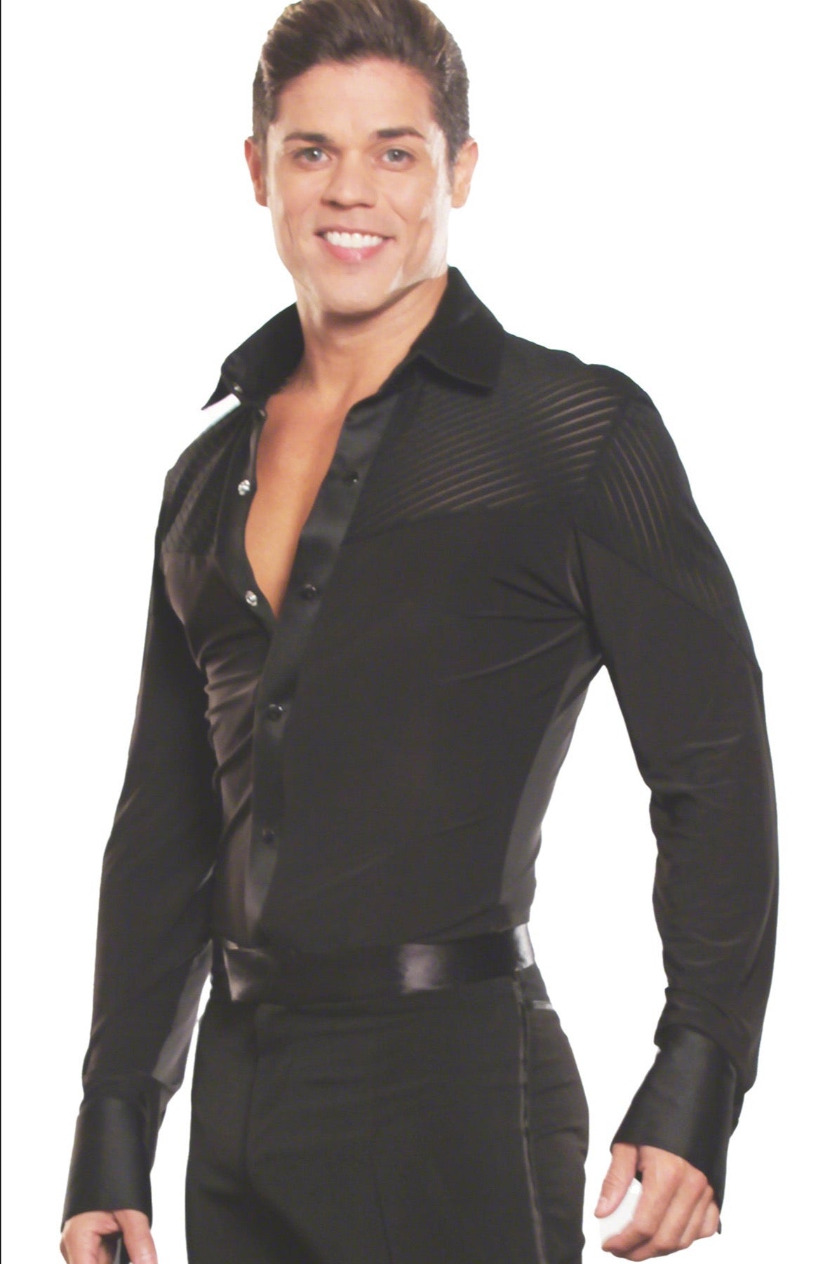 MS19 Collared Stripe Inset Shirt for Ballroom Dancing pictured in black