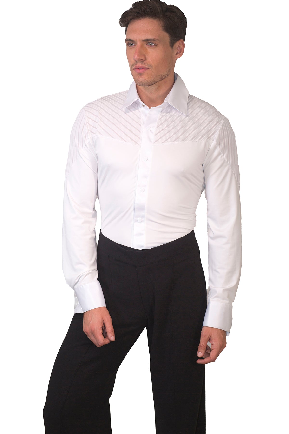 MS19 Collared Stripe Inset Shirt for Ballroom Dancing pictured in  white