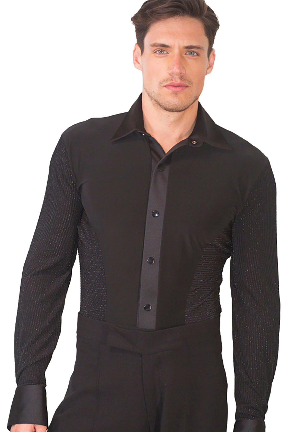 Indulge in luxury on the dance floor with our MS1 Men's Lurex Ballroom Shirt. This snap closure shirt boasts striking Lurex striped sleeves and side panels, exuding sophistication and grace. With built-in trunks for ease and comfort, it's the perfect shirt for the modern ballroom dancer. Elevate your dance game today.