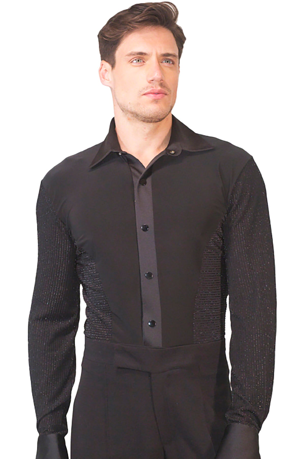 Indulge in luxury on the dance floor with our MS1 Men's Lurex Ballroom Shirt. This snap closure shirt boasts striking Lurex striped sleeves and side panels, exuding sophistication and grace. With built-in trunks for ease and comfort, it's the perfect shirt for the modern ballroom dancer. Elevate your dance game today.