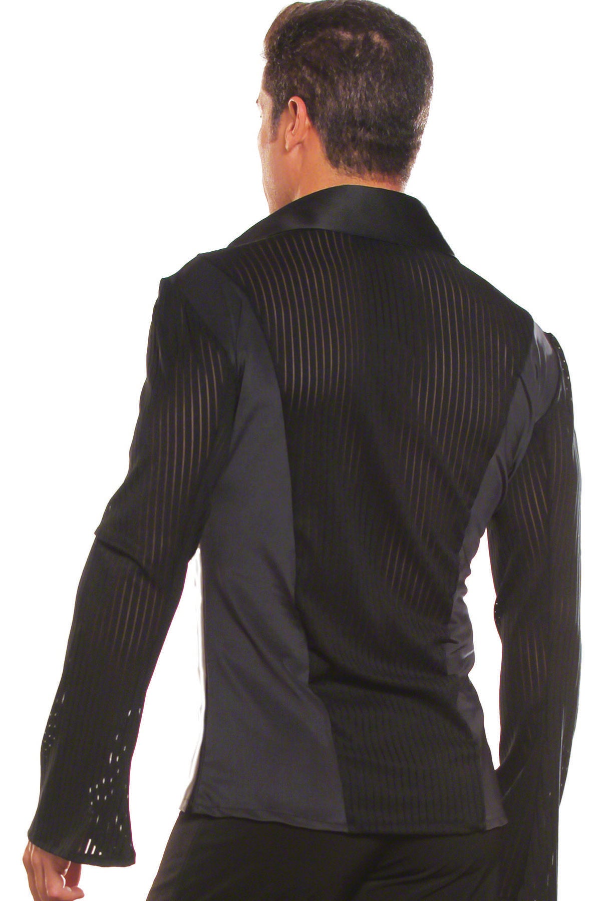 The MS20 Loose Fit Shirty w/out Trunks is the perfect choice for any ballroom dancer. Its unique loose fit design allows for a full range of movement, ensuring you can showcase your skills on the dance floor. Stay comfortable while looking stylish with this must-have dance shirt. pictured in black from back