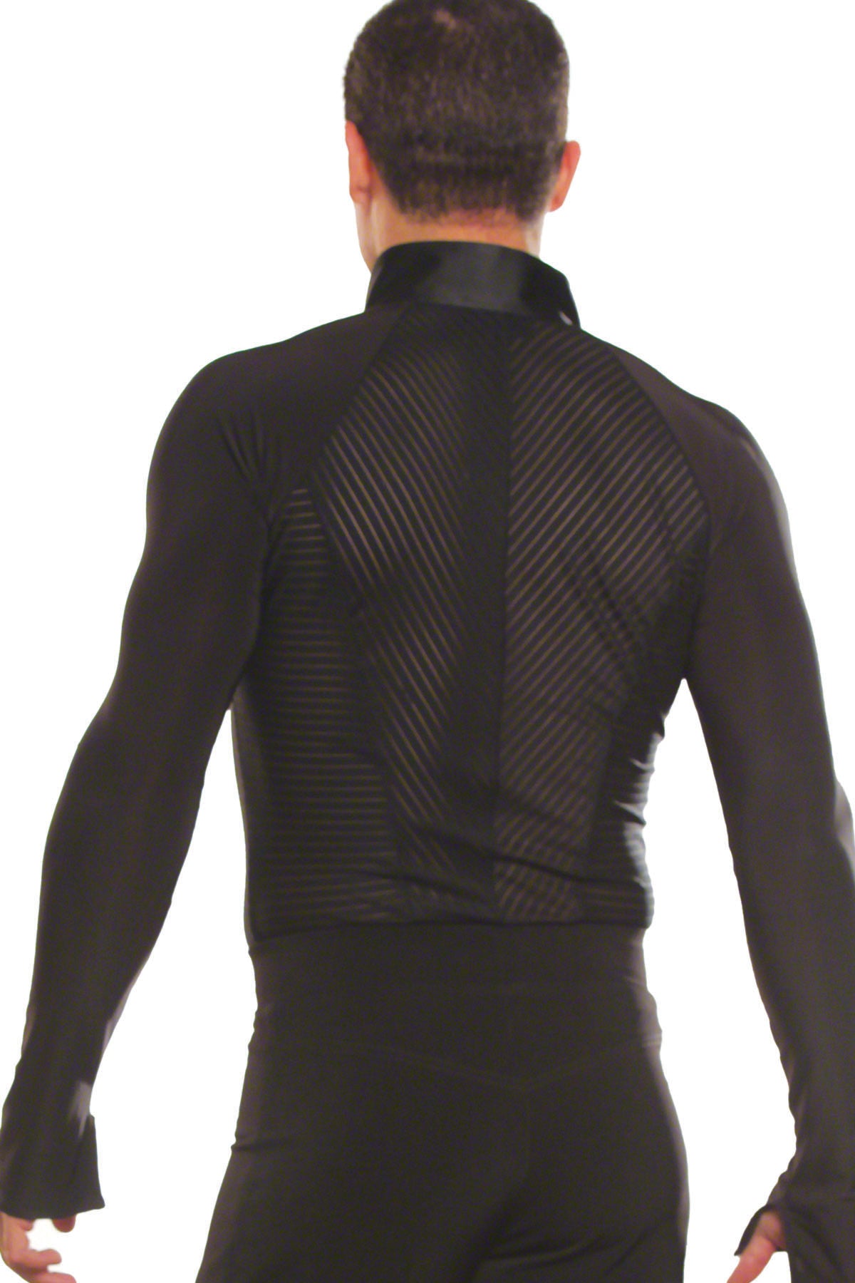 This MS21 Mandarin Stripe Inset Shirt is the perfect choice for any ballroom styling. Featuring a unique mens design, this shirt will elevate your look with its mandarin stripe inset pattern. Made with high-quality materials, enjoy superior comfort and style on and off the dance floor. pictured in black backside