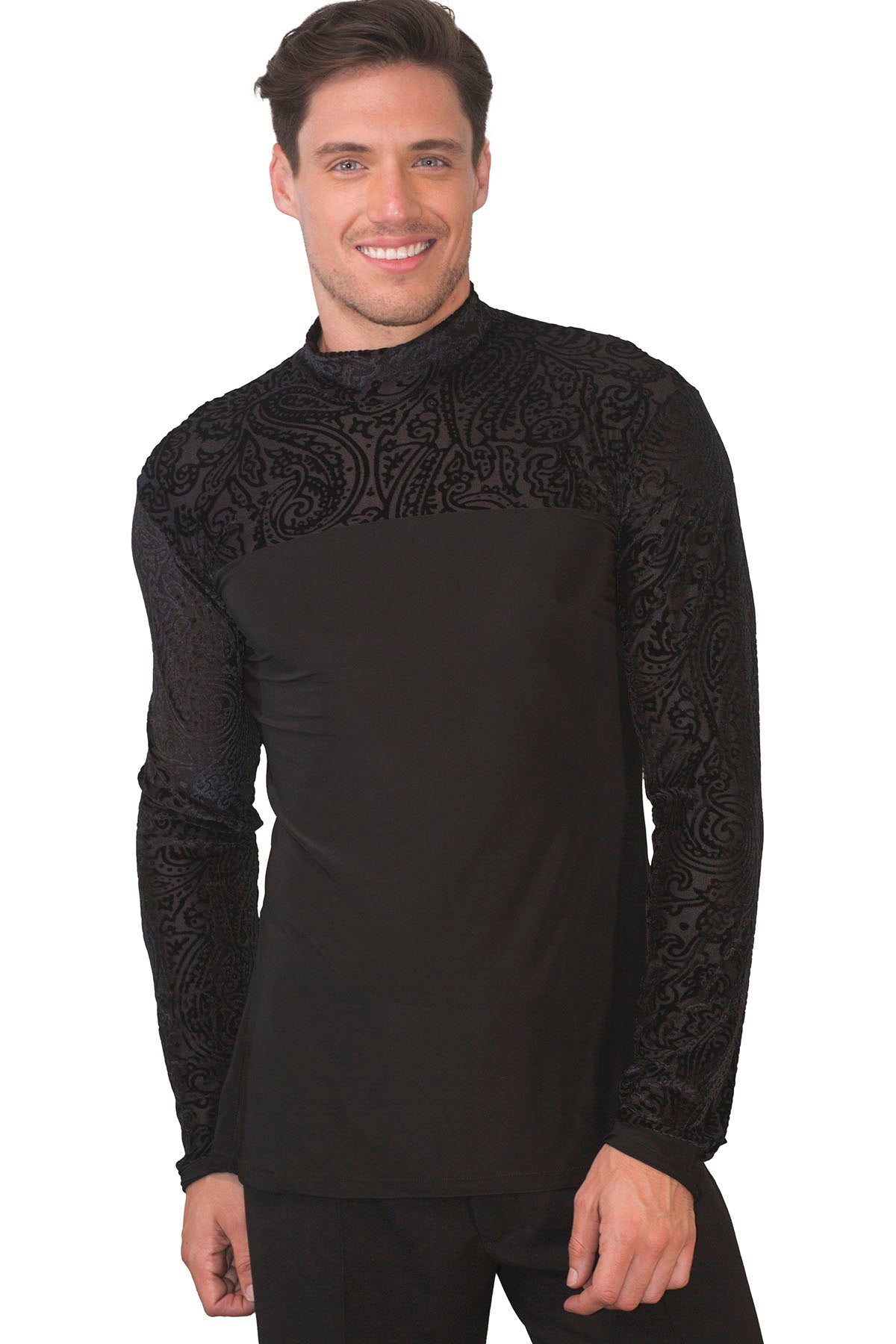 Expertly crafted for a polished and sophisticated look, the MS32 Velvet Burnout Tunic is perfect for mens ballroom dancing. Made of luxurious velvet burnout fabric, this tunic exudes elegance and style. Designed without trunks for optimal leg movement, it allows for effortless and graceful movements on the dance floor.